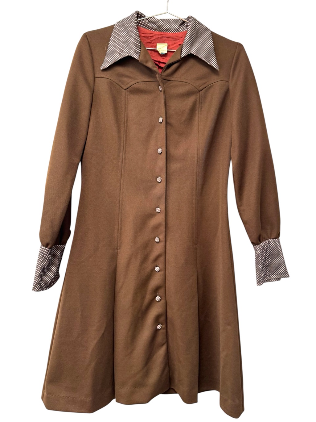Classic 1960s Brown Polyester Button-Front Midi Dress With Contrast Collar